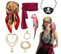 FUIPVGI Set di 7 accessori per costume da pirata medievale, set di accessori per costume da pirata medievale, sciarpa, cintura da pirata, orecchini, benda per gli occhi, collana, braccialetto