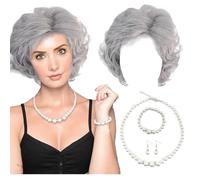 FUIPVGI Set per travestimento da vecchia signora set di parrucca grigia con parrucca da nonna, collana di perle finte, braccialetto, orecchini, cuffia per parrucca per Halloween, Giornata mondiale