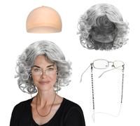 FUIPVGI Set per travestimento da vecchia signora, set di parrucca grigia con parrucca da nonna, occhiali con kit di accessori per catena, cuffia per parrucca per Halloween, Giornata mondiale del libro