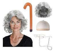 FUIPVGI Set per travestimento da vecchia signora, set di parrucca grigia con parrucca, occhiali e kit di accessori per catena, cuffia per parrucca per Halloween, Giornata mondiale del libro, feste in