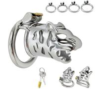 FUJIEYU Blocco Del Dildo in Metallo Con Testa Di Tigre in Acciaio Inox Gabbia Di Castità Traspirante Gabbia Per Il Pene Con Anelli Circolari/Curvi Uomo Bondage Sex Toy,Silver/a/l