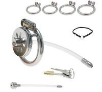 FUJIEYU Lucchetto Di Castità Piatto in Acciaio Inossidabile Gabbia Traspirante E Liscia Con Plug Uretrale in Silicone E Cintura Penis Cage Per Uomo Bondage Sex Toy,Argento,L