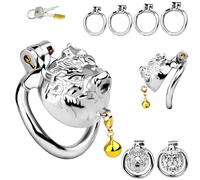 FUJIEYU Stile Testa Di Tigre Metallo Piccolo Acciaio Inox Cock Cage Ventilato Chastity Cage Male Con Cintura E Anello Curvo Penis Cage Per Uomini Adulti SM Sex Toy,Silver/a/m