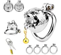 FUJIEYU Stile Testa Di Tigre Metallo Piccolo Acciaio Inox Cock Cage Ventilato Chastity Cage Male Con Cintura E Anello Curvo Penis Cage Per Uomini Adulti SM Sex Toy,Silver/b/m