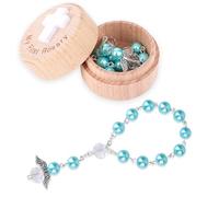 Fukaisu Il Mio Primo Rosario, Regalo per il Battesimo, Scatola Ricordo Battesimo e Braccialetto Rosario con Ali d'Angelo Regalo di Perline Prima Comunione Cattolica per Baby Shower (Azzurro)