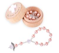 Fukaisu Il Mio Primo Rosario, Regalo per il Battesimo, Scatola Ricordo Battesimo e Braccialetto Rosario con Ali d'Angelo Regalo di Perline Prima Comunione Cattolica per Baby Shower (Rosa)