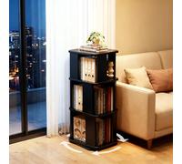 FUKEFUZ Libreria Girevole A 360° In Legno Massello, Scaffale A Torre Salvaspazio Per Libri E Dischi, Organizzatore Verticale Con Angoli Arrotondati Per Soggiorno, Studio E Cameretta(nero,3-Tier)