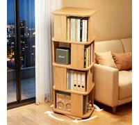 FUKEFUZ Libreria Girevole A 360° In Legno Massello, Scaffale A Torre Salvaspazio Per Libri E Dischi, Organizzatore Verticale Con Angoli Arrotondati Per Soggiorno, Studio E Cameretta(Natural,4-Tier)