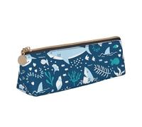 FUkker Astuccio per matite, astuccio per penne triangolari Astuccio portatile in pelle per ufficio scolastico,Sorridente squalo animali marini pesci oceanici stelle marine blu