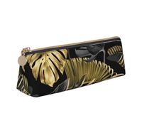 FUkker Astuccio per matite, astuccio per penne triangolari Astuccio portatile in pelle per ufficio scolastico,Foglie tropicali nere dorate