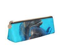 FUkker Astuccio per matite, astuccio per penne triangolari Astuccio portatile in pelle per ufficio scolastico,Delfini con faccia sorridente stampati