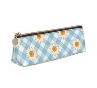 FUkker Astuccio per matite, astuccio per penne triangolari Astuccio portatile in pelle per ufficio scolastico,Retro margherite fiori blu motivo a quadri