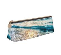 FUkker Astuccio per matite, astuccio per penne triangolari Astuccio portatile in pelle per ufficio scolastico,Onde dell'oceano al tramonto sulla spiaggia stampate