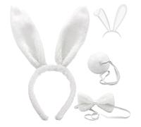 FUKPO Cerchietto Orecchie Coniglio Set, Fascia Capelli Orecchie da Coniglio Peluche, Cerchietti Coniglio Coda Coniglietta Papillon Pasqua, Bambini Adulti Festa Cosplay Accessori Costume(Bianco)