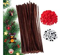 FUKPO Set di 350 stuzzichini natalizi con 100 aste in ciniglia marrone, 100 occhi mobili autoadesivi, 150 piccoli e grandi mini pompon rossi per bambini