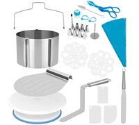 Fulasofia Set di accessori per torte da 40 pezzi con anello per torta regolabile in altezza 15 cm, seghe per torte, paletta per torte, piatto girevole, tagliapasta per pasta, set di beccucci, stencil