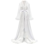 Fulbant Abito da sposa in raso solido con piuma da donna con cintura camicia da notte sottile, Come da immagine., M