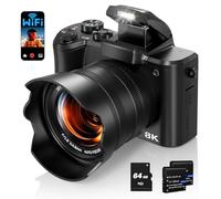 Fulealfly Fotocamera digitale 8K per fotografia, 88 MP, autofocus, WiFi, Vlogging, per video YouTube con obiettivo anteriore e posteriore, flash, touch screen, paraluce, scheda da 64 GB, 2 batterie