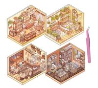 FULHANY 4 Pezzi Sticker 3d House For Kids - Kit Adesivi Per Case In Miniatura - Diy 3d Sticker Scene - Crea La Tua Stanza Dei Fiori, Un Bar, Una Libreria, Una Panetteria, Adatta Ad Adulti E Bambini
