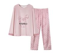 Fulidngzg Pigiama Donna Cotone Lungo 2 Pezzi Maniche Lunghe per Primavera Autunno Pigiami Leggero Caldo Casual Comfort Morbido Traspirante per Studente Casa Tempo Libero,Rosa,M
