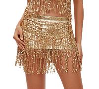 Fulidngzg Vestito Carnevale Donna - Costume Danza del Ventre in Nylon con Top Paillettes a Reggiseno/Gonna Frange Vestiti Anni 20 Charleston Sera Abito Elegante da Ballo Latino Americano Curvy,Oro,L