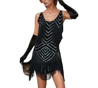 Fulidngzg Vestito Charleston Donna Elegante con Paillettes e Frange Abiti da Cerimoni Anni 20 Taglie Forti Vestiti da Ballo Latino Americano Curvy per del Ventre Cocktail Cerimonia Sera,Nero,XL