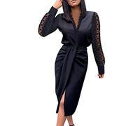 Fulidngzg Vestito Donna Elegante Scollo V con Maniche Lunghe a Pizzo Vestiti Eleganti Push Up Stringivita Curvy Abito Lunghi Casual Invernale per Sera Cerimonia Capodanno Lavoro,Nero,M