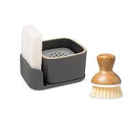 Full Circle Bubble Up Combo - Elegante portasapone in ceramica grigia con spugna ecologica e spazzola per piatti con manico in bambù, versatile set per la pulizia della cucina naturale per pentole