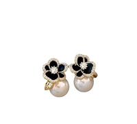 Full Diamond Zircone Black Flower Pearl Stud Orecchini per le donne