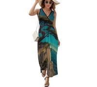 Full Moon Over Ocean Pine Tree Abito da donna senza maniche alla moda con scollo a V Maxi Tank Dress Sundress, Stile:, S