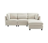 fullarrive Divano beige Linen, divano letto a forma di L, 3-4 persone con poggiapiedi, spugna ad alta rimbalzo e 5 cuscini, ideale per gli amanti dei pouf