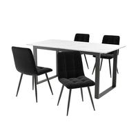 fullarrive Set di tavoli da pranzo allungabili dal design moderno di lusso, 140/180 x 80 x 75 cm, in MDF bianco + piedini in metallo nero, sedie imbottite in velluto, per sala da pranzo, soggiorno e