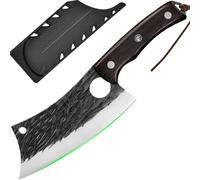 FULLHI Coltello da macellaio con fodero, coltello da cuoco serbo Tang, coltello da verdure con mannaia in acciaio al carbonio per esterno, campeggio (Marrone, 28,6cm)