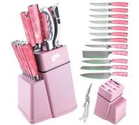 FULLHI Set di coltelli a blocco da 14 pezzi, set di coltelli da chef con blocco e affilatoio, set di coltelli da cucina, manico multicolore, regali per uomini e donne (Resina rosa)