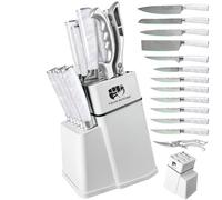 FULLHI Set di coltelli a blocco da 14 pezzi, set di coltelli da chef con blocco e affilatoio, set di coltelli da cucina, manico multicolore, regali per uomini e donne (Resina bianca)