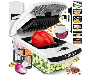 Fullstar Pro Original - Mandolina e Taglia Verdure Multifunzione - 8 Lame | Affetta & Tritatutto per Cipolle, Patate e Frutta - Tagliaverdure Julienne e Grattugia Formaggio Manuale (8-in-1, Bianco)