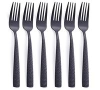 FULLYWARE Set di 6 forchette da cena nere opache, in acciaio inossidabile nero di 20,3 cm, forchetta martellata in metallo, finitura satinata