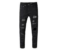 FULUJIDI Jeans Pantaloni Jeans Strappati con Strass E Strass da Uomo Aderente alla Moda in Denim Elasticizzato 34 Nero