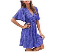 FULUJIDI Vestito Abito Dress Donna Abiti da Donna con Maniche Vintage Stampato con Scollo A V Sexy Mini Abito da Donna Casual Beach Party Dresses L Bz008-8