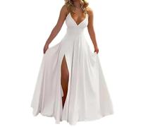 FULUJIDI Vestito Abito Dress Donna Abito da Ballo da Donna off Shoulder Low-Cut Scollo A V Abiti Senza Schienale Tinta Unita Orlo Diviso Abito da Sera A Vita Alta Stretto A Pieghe S Bianco
