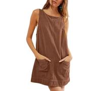 FULUJIDI Vestito Abito Dress Donna Abito da Donna Tasche Laterali Schiena Scoperta Senza Maniche Girocollo Mini Abito Sciolto Tinta Unita sopra Il Ginocchio Casual Vestito Femminile L Arancione