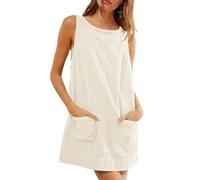 FULUJIDI Vestito Abito Dress Donna Abito da Donna Tasche Laterali Schiena Scoperta Senza Maniche Girocollo Mini Abito Sciolto Tinta Unita sopra Il Ginocchio Casual Abito Femminile L Beige