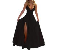 FULUJIDI Vestito Abito Dress Donna Donne Ball Gown off Shoulder Low-Cut Scollo A V Abiti Senza Schienale Tinta Unita Orlo Diviso Pieghettato Stretto Abito da Sera A Vita Alta M Nero