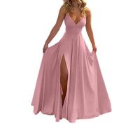 FULUJIDI Vestito Abito Dress Donna Donne Ball Gown off Spalla Scollato Scollato A V Abiti Senza Schienale Tinta Unita Orlo Diviso Plissettato Stretto Abito da Sera A Vita Alta S Rosa
