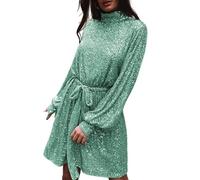 FULUJIDI Vestito Abito Dress Donna Donne Paillettes Vestito Tinta Unita O-Collo Manica Lunga Lace Up Signora Abito Corto Vita Cravatta Vestito per Feste Matrimoni S Ciano