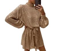 FULUJIDI Vestito Abito Dress Donna Donne Paillettes Vestito Tinta Unita O-Collo Manica Lunga Lace Up Signora Abito Corto Vita Cravatta Vestito per Feste Matrimoni S Dorato