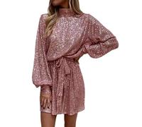 FULUJIDI Vestito Abito Dress Donna Donne Paillettes Vestito Tinta Unita O-Collo Manica Lunga Lace Up Signora Abito Corto Vita Cravatta Vestito per Feste Matrimoni L Rosa