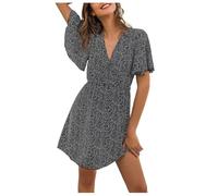 FULUJIDI Vestito Abito Dress Donna Donne Vintage Sleeve Dresses Stampato con Scollo A V Sexy Mini Dress Signore Casual Beach Party Dresses S Bz008-7