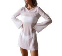 FULUJIDI Vestito Abito Dress Donna per Donna Sexy Costume da Bagno in Rete Trasparente Copricostume Rotonda Maniche Lunghe A Campana Spiaggia Aderente Mini Abito L Bianco