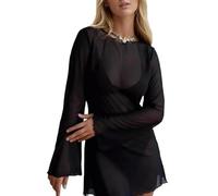 FULUJIDI Vestito Abito Dress Donna per Donna Sexy Costume da Bagno in Rete Trasparente Copricostume Rotondo Maniche Lunghe A Campana Spiaggia Aderente Mini Abito L Nero